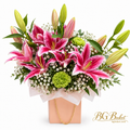 Elegant floral arrangement with 5 pink lily stems, white gypsophila and green carnation – online flower delivery throughout Bulgaria by BG Buket.