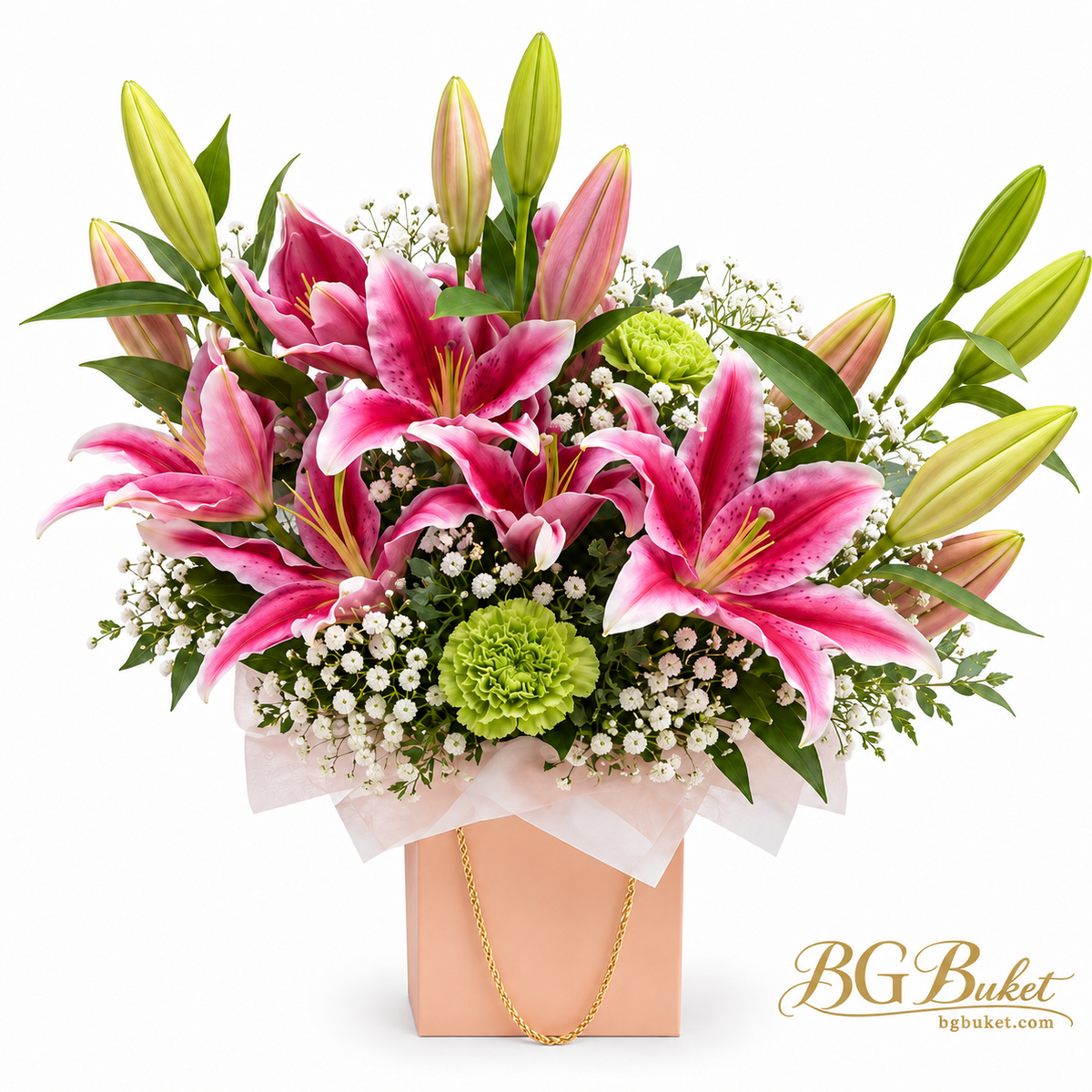 Elegant floral arrangement with 5 pink lily stems, white gypsophila and green carnation – online flower delivery throughout Bulgaria by BG Buket.
